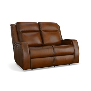 Flexsteel Mustang Leather Power Reclining Loveseat with Power Headrests in Rust